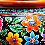**Vibrant Pottery with Intricate Floral Designs:** A close-up of a hand-painted clay pot, adorned with detailed and colorful floral patterns, showcasing the beauty of handcrafted artistry.