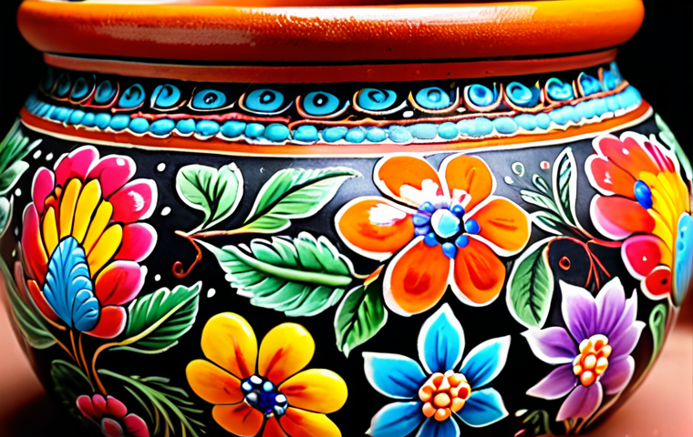 **Vibrant Pottery with Intricate Floral Designs:** A close-up of a hand-painted clay pot, adorned with detailed and colorful floral patterns, showcasing the beauty of handcrafted artistry.