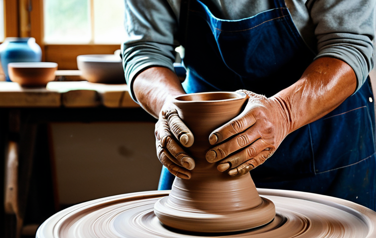 Potter at the Wheel**
"A skilled potter, hands covered in clay, shaping a mug on a spinning pottery wheel. The workshop is filled with natural light, tools, and finished ceramic pieces. Fully clothed, appropriate attire, safe for work, perfect anatomy, natural proportions, professional pottery, high quality."
**