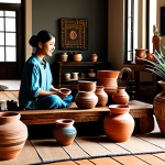 **

A beautifully decorated living room featuring handmade clay pots of various sizes and colors. The pots are arranged on a wooden table and on the floor, complementing the modern yet traditionally styled home decor. The scene is lit with warm, natural light, highlighting the intricate designs on the pottery. Fully clothed individuals are admiring the pottery. Safe for work, appropriate content, modest, family-friendly, professional photography, perfect anatomy, natural proportions.

**
