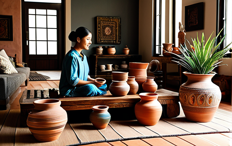 **
A beautifully decorated living room featuring handmade clay pots of various sizes and colors. The pots are arranged on a wooden table and on the floor, complementing the modern yet traditionally styled home decor. The scene is lit with warm, natural light, highlighting the intricate designs on the pottery. Fully clothed individuals are admiring the pottery. Safe for work, appropriate content, modest, family-friendly, professional photography, perfect anatomy, natural proportions.
**