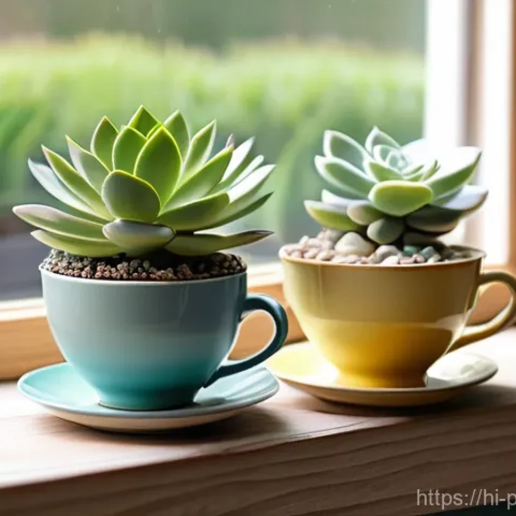 도자기 업사이클링 아이디어 - **Prompt 1: Upcycled Teacup Succulent Planters**
    "A bright, naturally lit scene showcasing a col...
