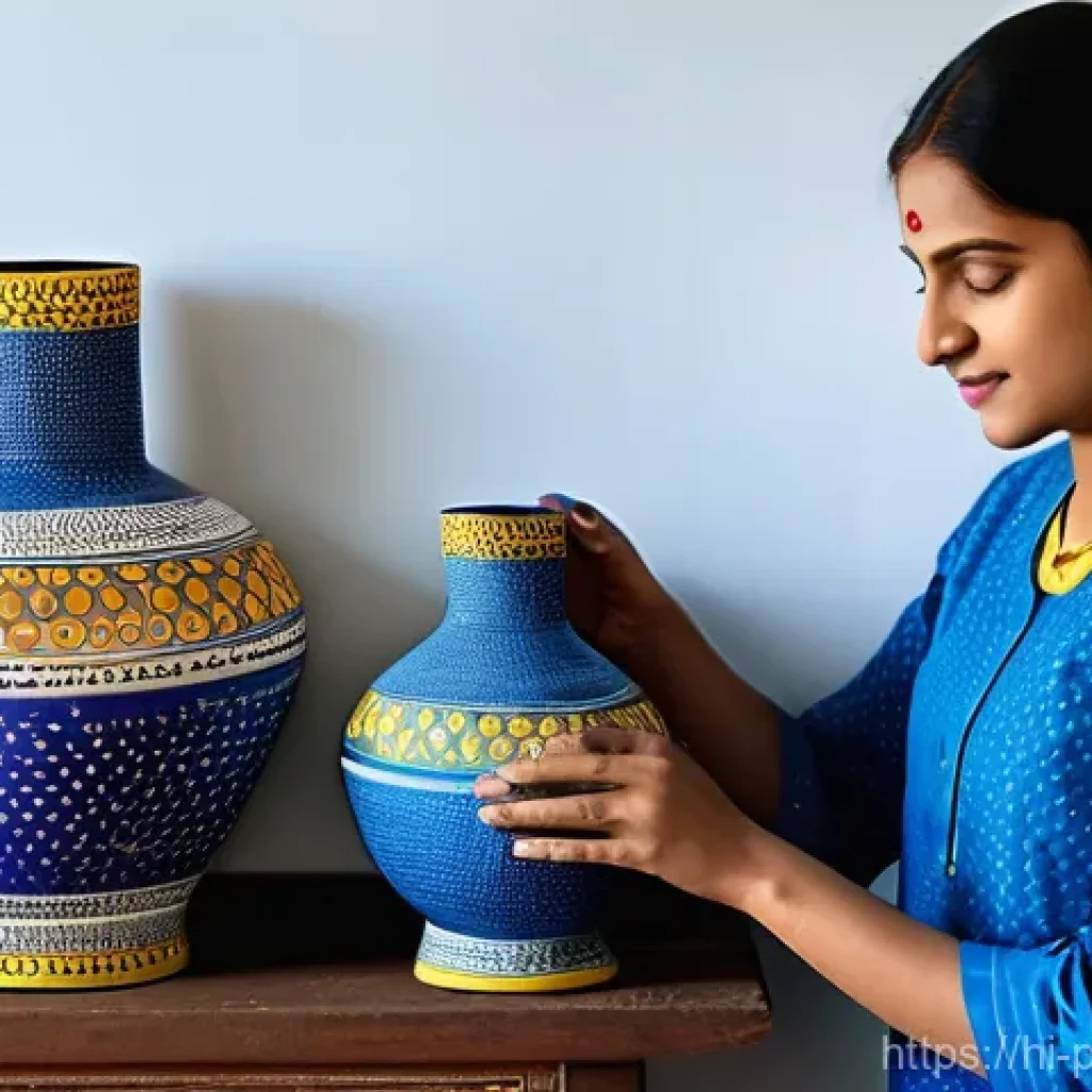 도자기 표면 장식 기법 - **Prompt for Painting (रंगाई):**
    "A skilled female artist, dressed in a modest Indian kurti with...