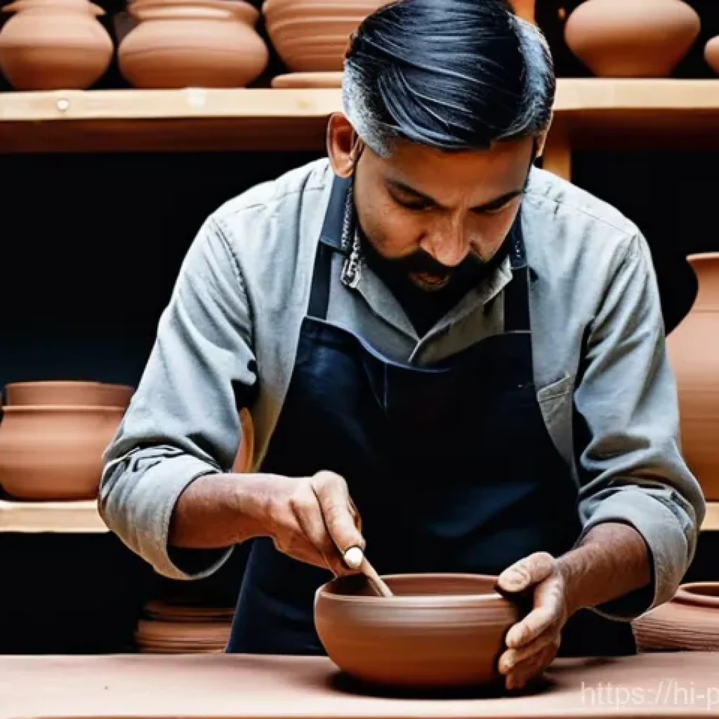도자기 예술작품 경매 동향 - **Prompt:** A skilled Indian ceramic artist, dressed in a clean work apron over a modest shirt and p...