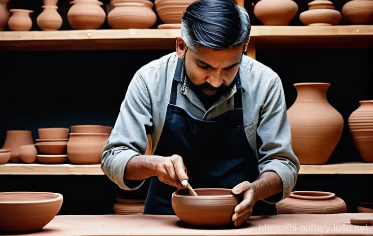 도자기 예술작품 경매 동향 - **Prompt:** A skilled Indian ceramic artist, dressed in a clean work apron over a modest shirt and p...