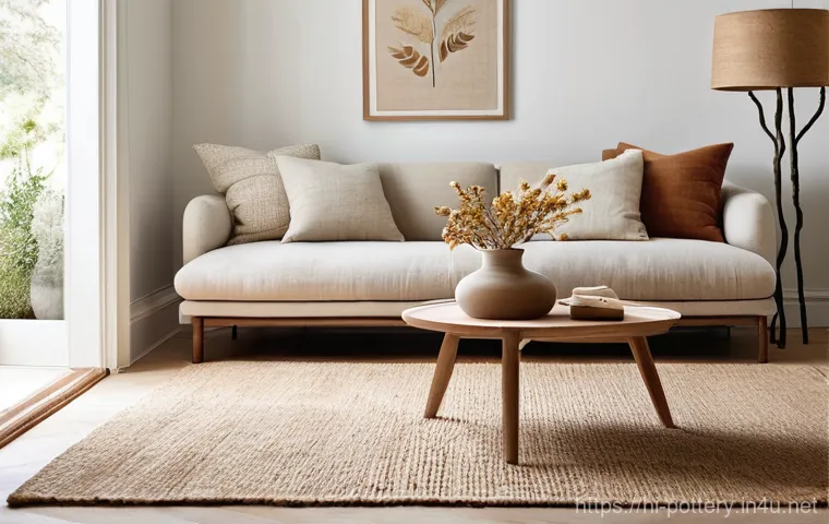 도자기와 미니멀리즘 디자인 - **Prompt:** A serene and inviting minimalist living room bathed in soft, natural sunlight. The walls...