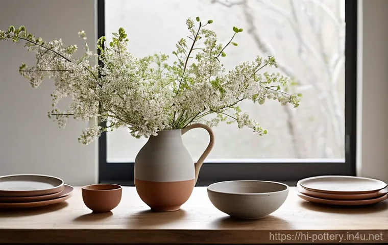 도자기와 미니멀리즘 디자인 - **Prompt:** A serene and inviting minimalist living room bathed in soft, natural sunlight. The walls...