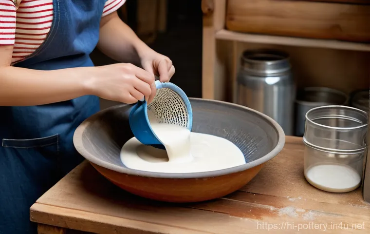 슬립 캐스팅 과정 - **Prompt 1: The Art of Slip Preparation**
    "A clean, brightly lit pottery studio scene. In the fo...