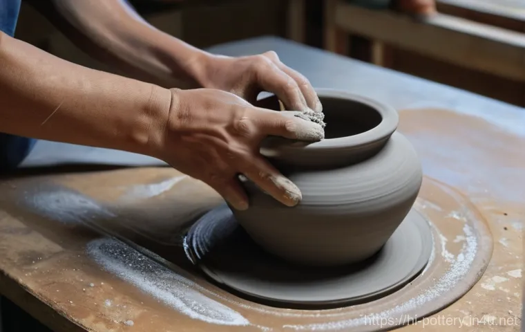 슬립 캐스팅 과정 - **Prompt 2: Precision Pouring into a Gypsum Mold**
    "A close-up, elevated view of hands (wearing ...