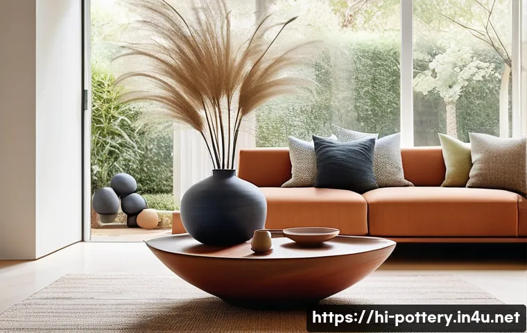 현대 도자기 트렌드 분석 - **Prompt 1: Modern Pottery in a Stylish Home Setting**
    "A bright, naturally lit living room with...
