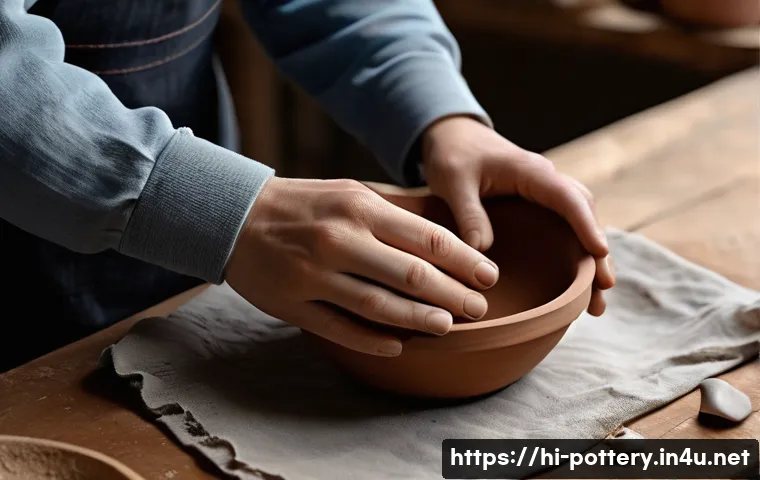 친환경 도자기 제작법 - **Prompt:** A close-up, high-angle shot of a pair of skilled hands, gently shaping a small, organic-...