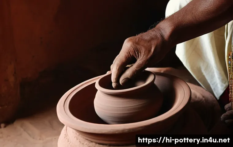 도자기 브랜드별 특징 비교 - **Prompt:** A close-up shot of an Indian artisan's hands, dusted with clay, skillfully shaping a tra...