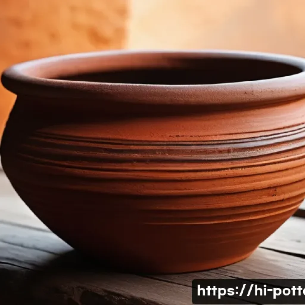수제 도자기와 기계 생산 비교 - A close-up of a handcrafted clay pot with visible irregularities and unique textures, showcasing the...
