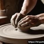 Home 20 도자기 만들기 체험 후기 - A close-up scene of a person’s hands shaping soft, moist clay on a spinning pottery wheel, capturing...
