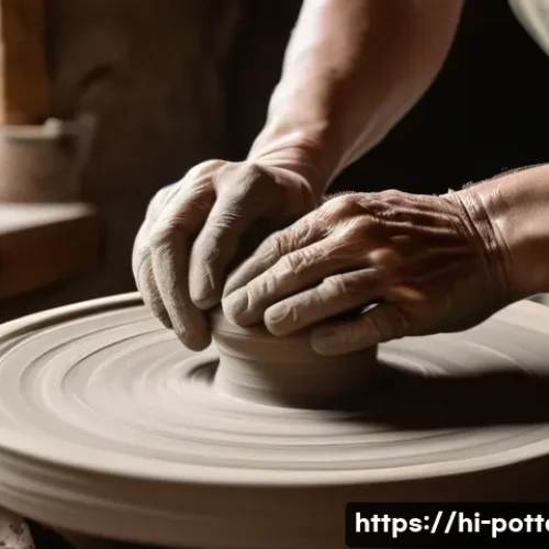 Home 32 도자기 만들기 체험 후기 - A close-up scene of a person’s hands shaping soft, moist clay on a spinning pottery wheel, capturing...