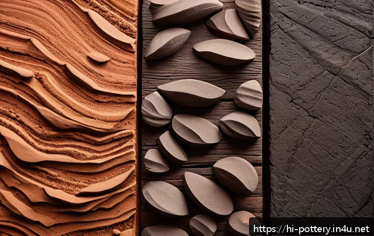초보자를 위한 도예 강좌 - A detailed close-up of four distinct types of clay arranged side by side on a rustic wooden table: b...