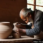 Home 18 핸드빌딩 기법 - A traditional Indian artisan's hands skillfully shaping a smooth white clay pot on a spinning potter...