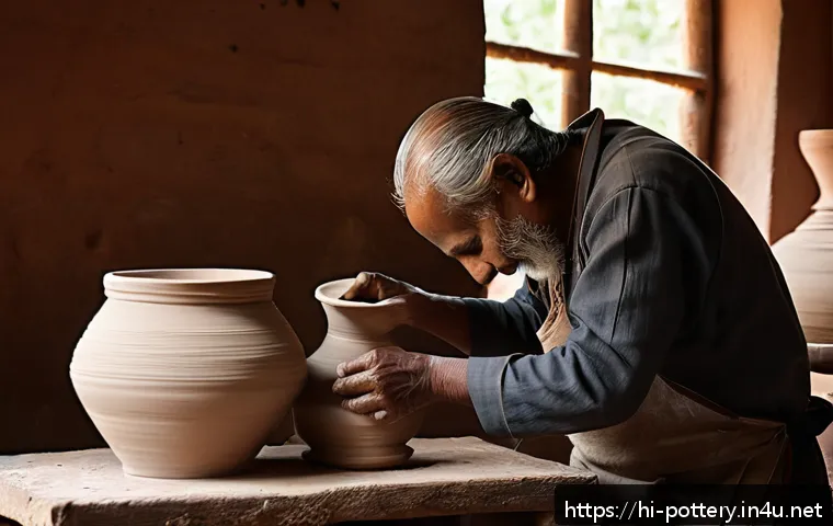 핸드빌딩 기법 - A traditional Indian artisan's hands skillfully shaping a smooth white clay pot on a spinning potter...