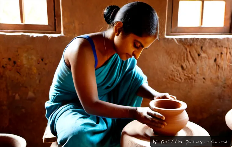 Home 17 도자기 공예와 환경 문제 - Photorealistic pottery workshop in India, a skilled adult artisan shaping a clay bowl on a manual wh...